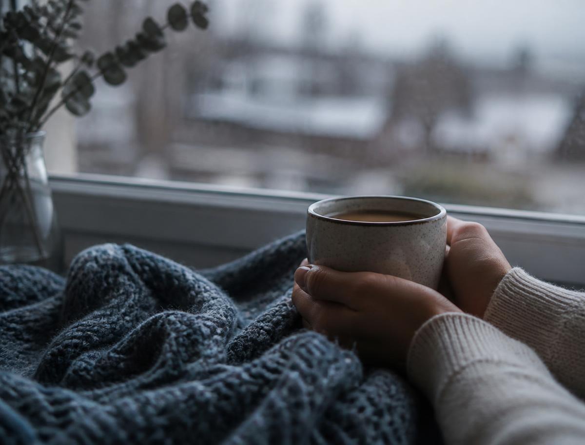 Hands holding a warm mug beside a window on a quiet grey morning