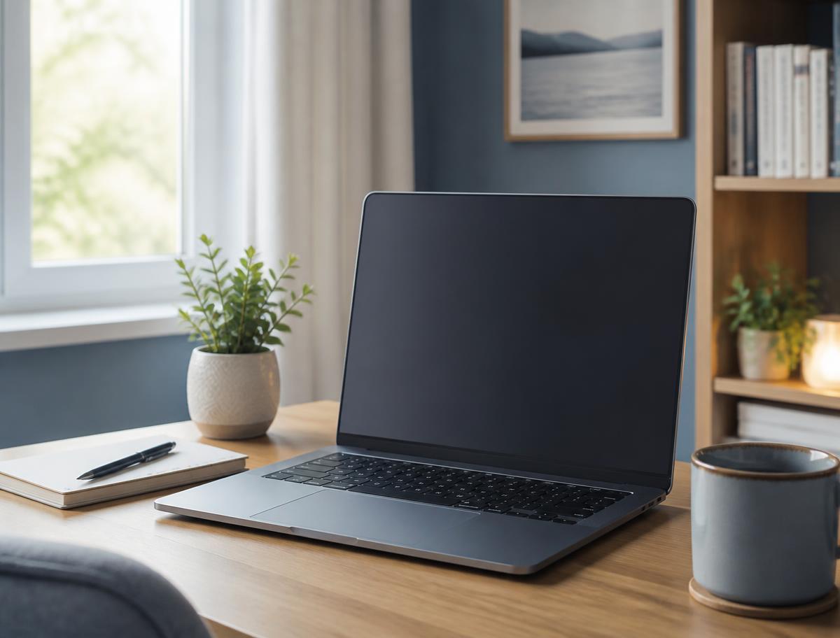 A laptop and notebook on a bright home desk, set up for a private online counselling session