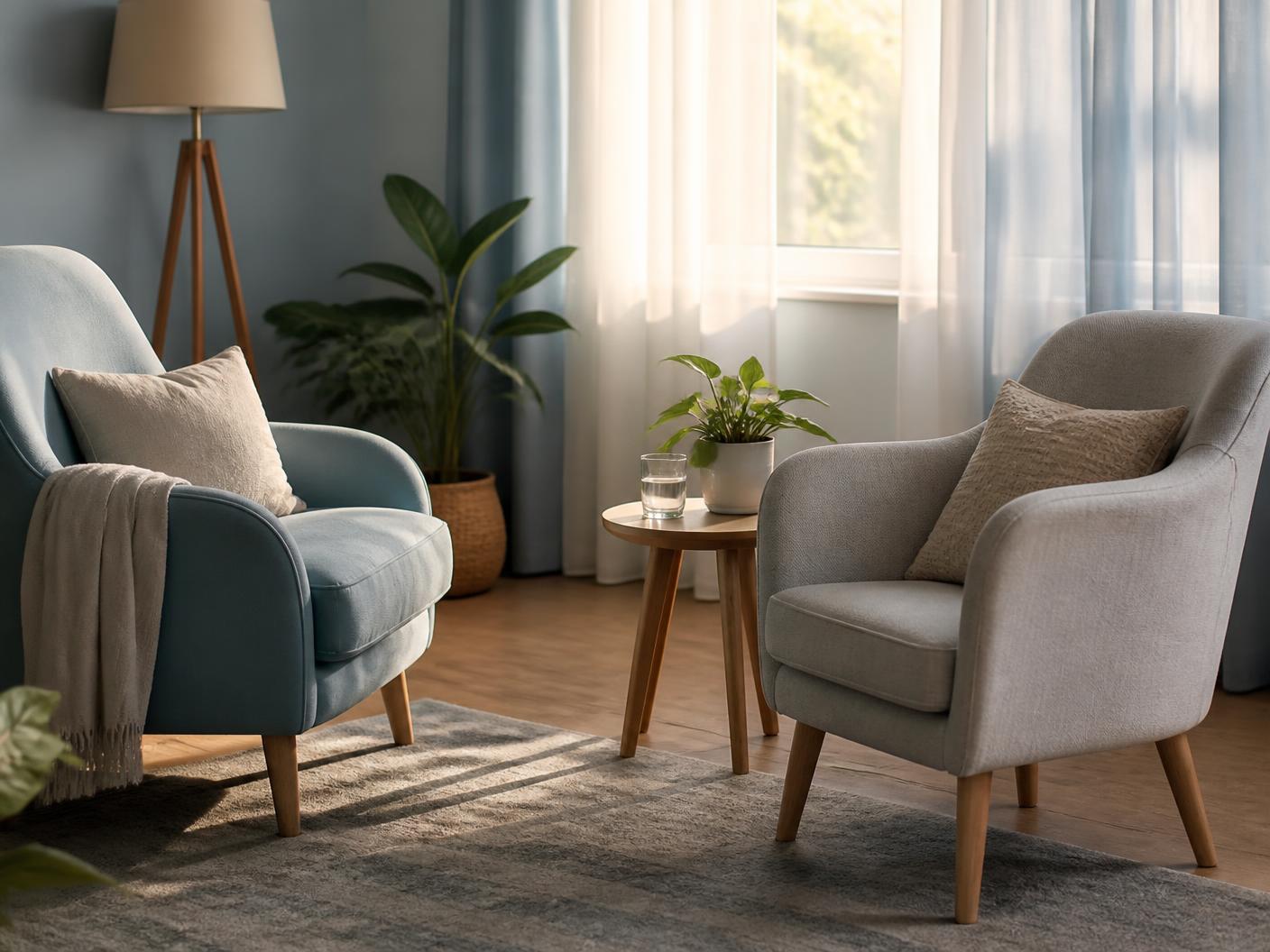 Two soft armchairs facing each other in a calm, sunlit psychotherapy office